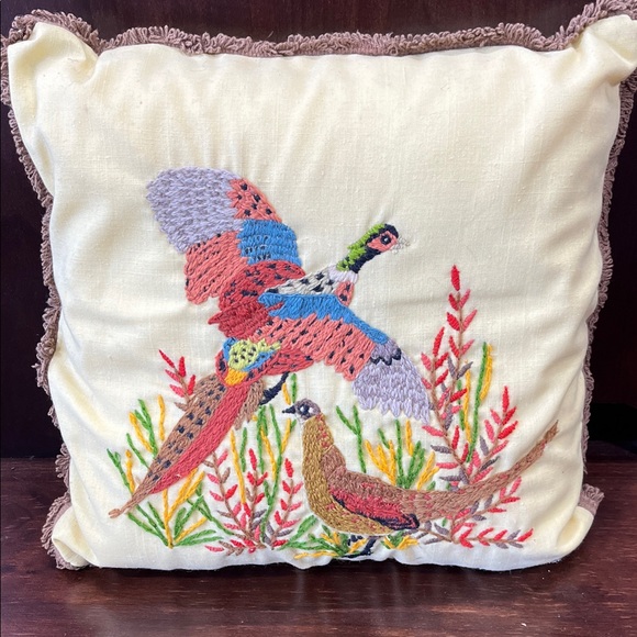 Vintage Embroidered Bird Throw Pillow - Picture 1 of 4